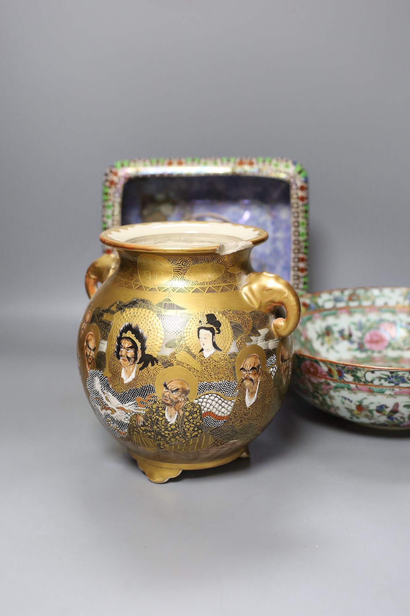 A late 19th century Cantonese famille rose bowl, a Royal Winton lustreware, diameter 26cm, together with a Japanese Satsuma twin handled vase, 20.5cm tall